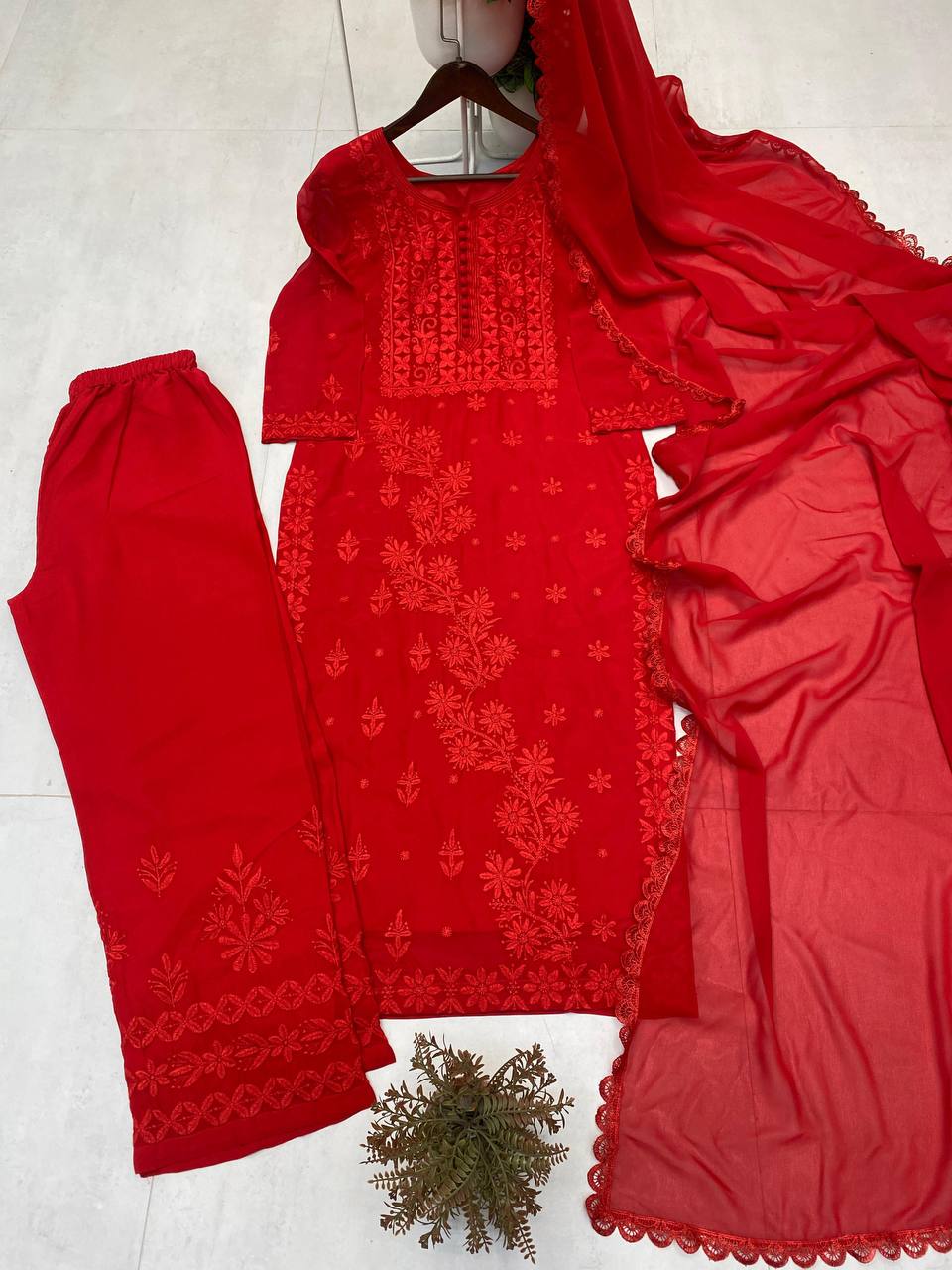 Exclusive Georgette Embroidered Suit Set with GPO Lace Dupatta