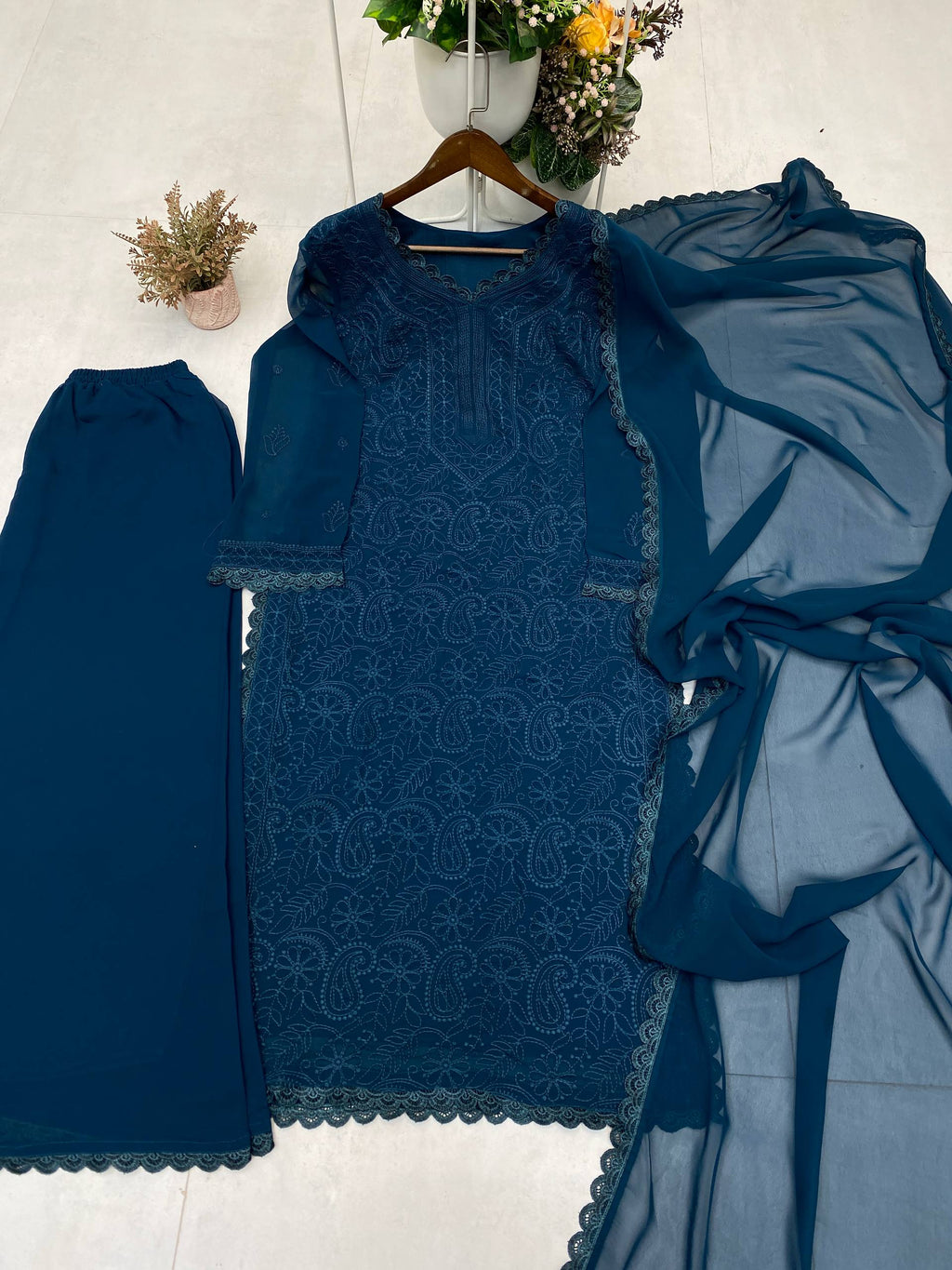 Trending Faux Georgette Embroidered 3-Piece Set with GPO Lace Work | Top, Plazzo & Dupatta