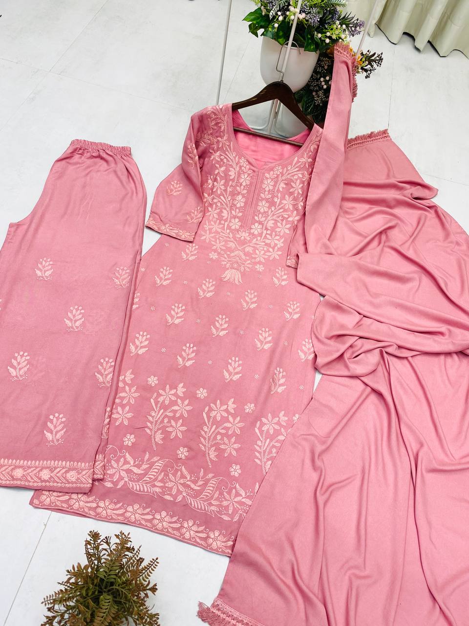 Exclusive Rayon Embroidered Kurta Plazzo Set with Dupatta | Comfortable Regular Wear