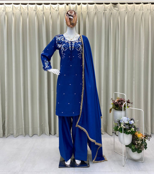 Designer 3-Piece Farsi Salwar Suit in French Crepe with Embroidery Work