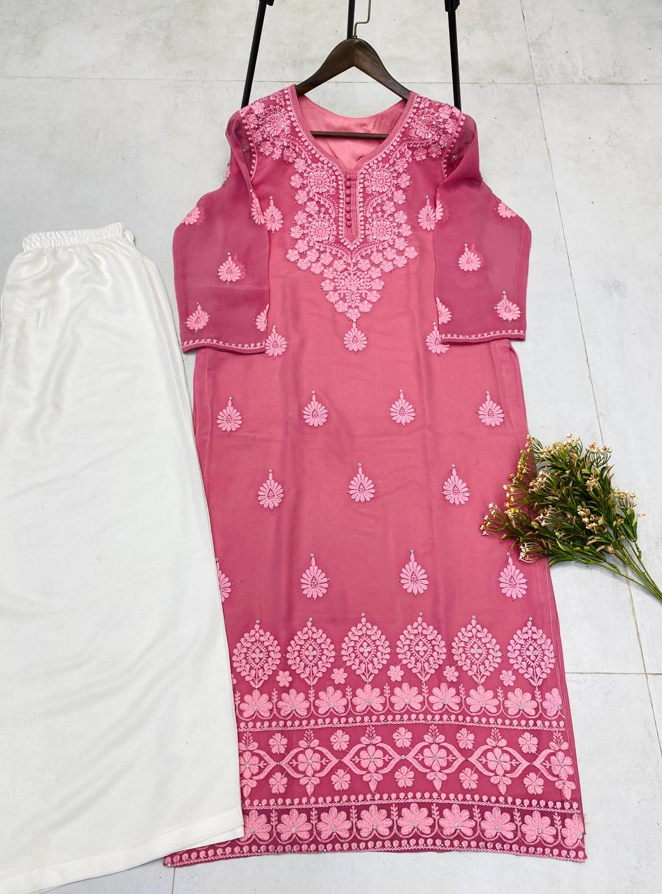 Designer Summer Georgette Embroidered Top with Rayon Plazzo | Cotton Thread & Diamond Work
