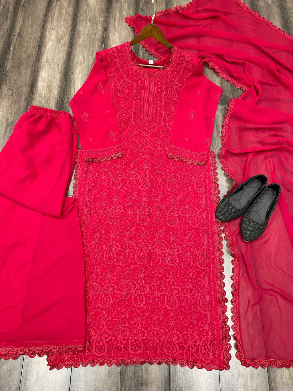 Trending Faux Georgette 3-Piece Set with Cotton Thread Embroidery & GPO Lace