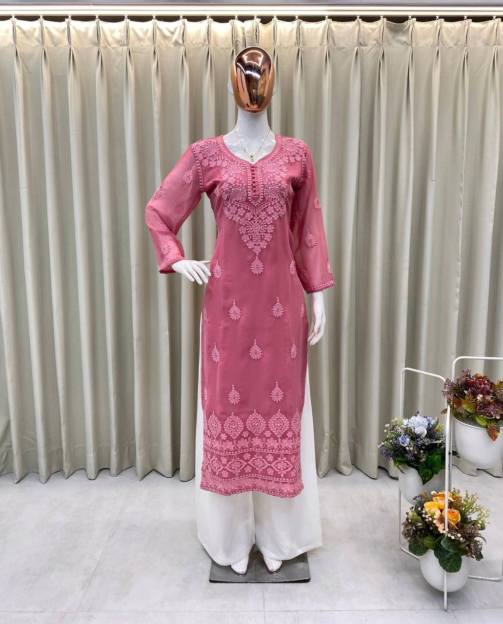 Designer Summer Georgette Embroidered Top with Rayon Plazzo | Cotton Thread & Diamond Work