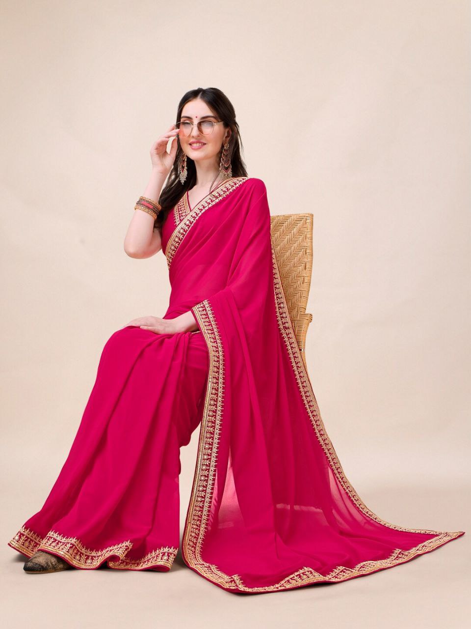 Graceful Fox Georgette Saree with Embroidery & Cutwork Lace – Perfect for Festive & Wedding Wear