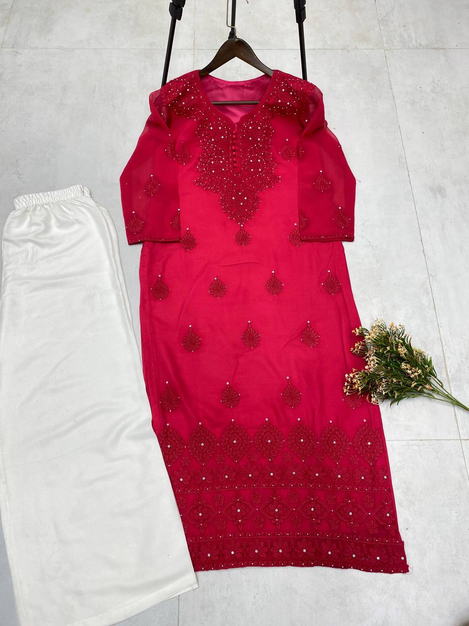 Designer Summer Georgette Embroidered Top with Rayon Plazzo | Cotton Thread & Diamond Work