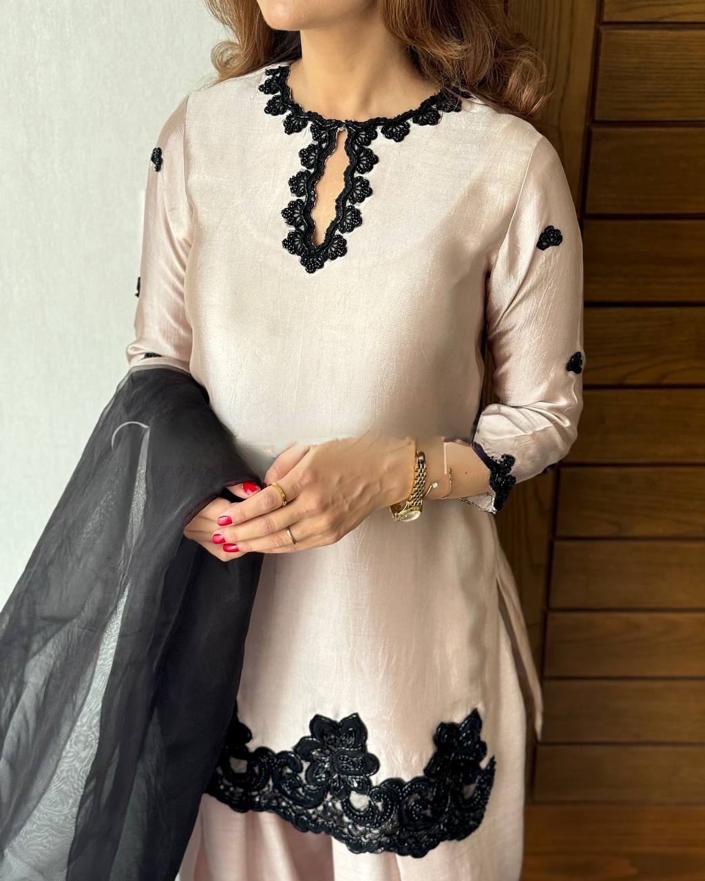 Trendy 3-Piece Farsi Salwar Suit in French Crepe with Beads & Sequence Embroidery