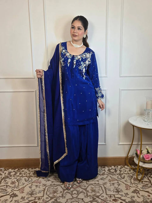 Designer 3-Piece Farsi Salwar Suit in French Crepe with Embroidery Work