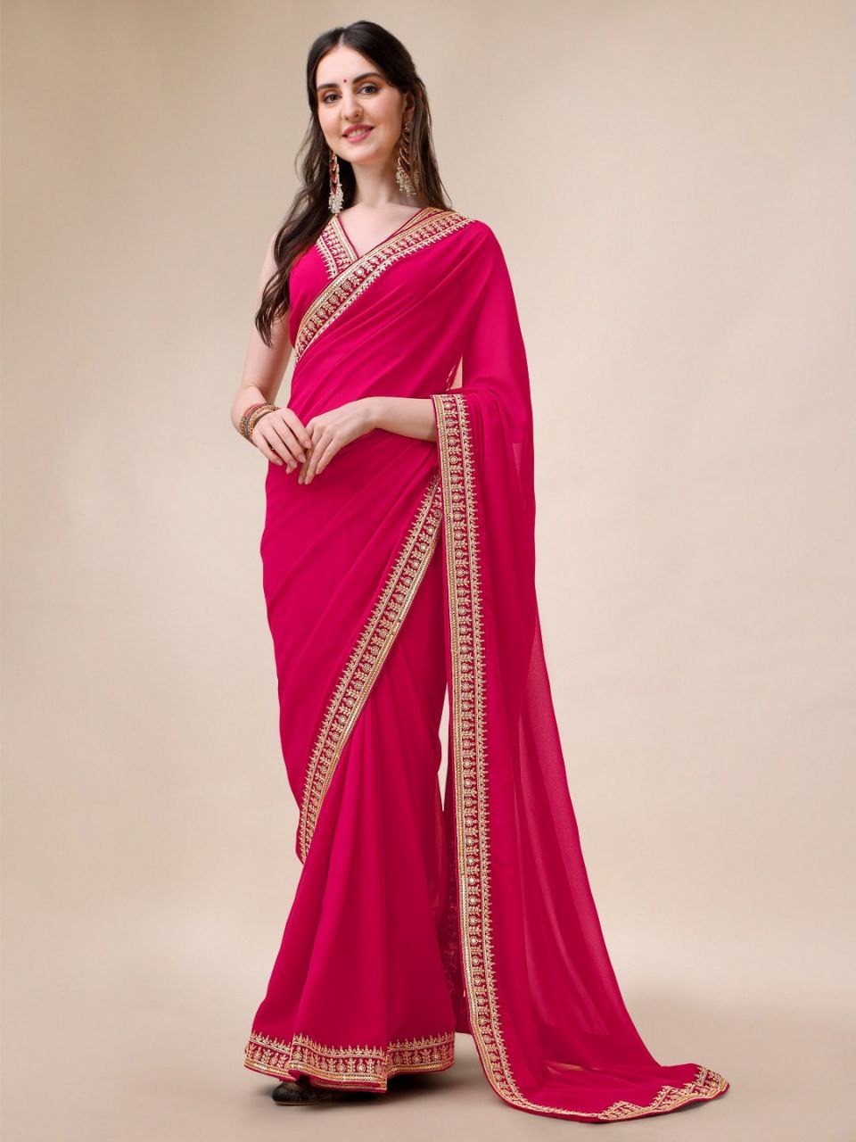 Graceful Fox Georgette Saree with Embroidery & Cutwork Lace – Perfect for Festive & Wedding Wear