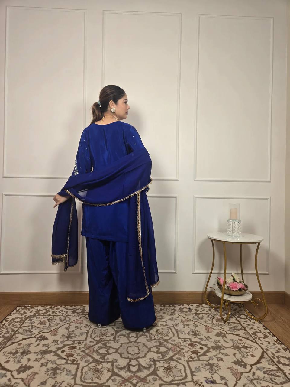 Designer 3-Piece Farsi Salwar Suit in French Crepe with Embroidery Work