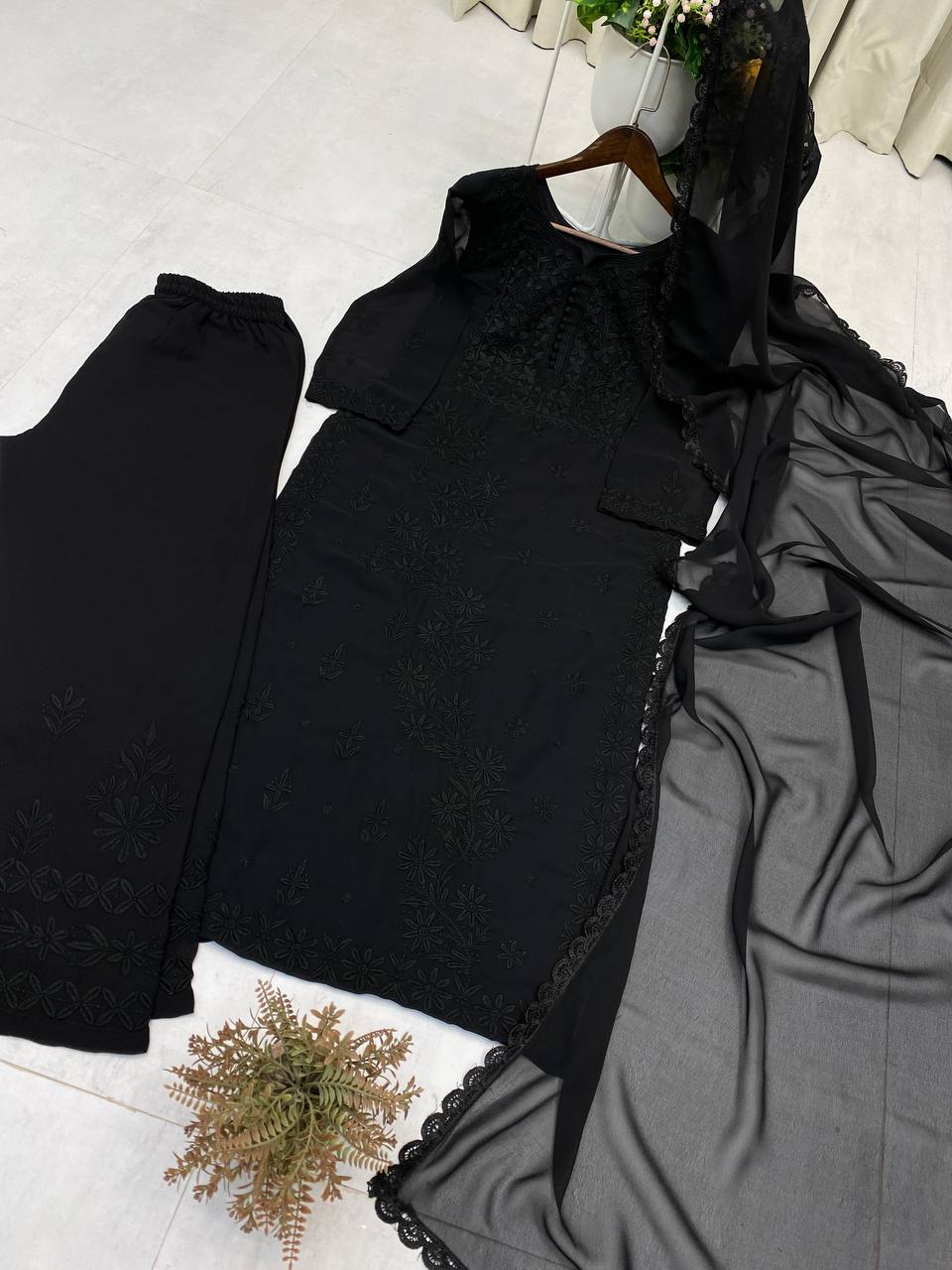 Exclusive Georgette Embroidered Suit Set with GPO Lace Dupatta