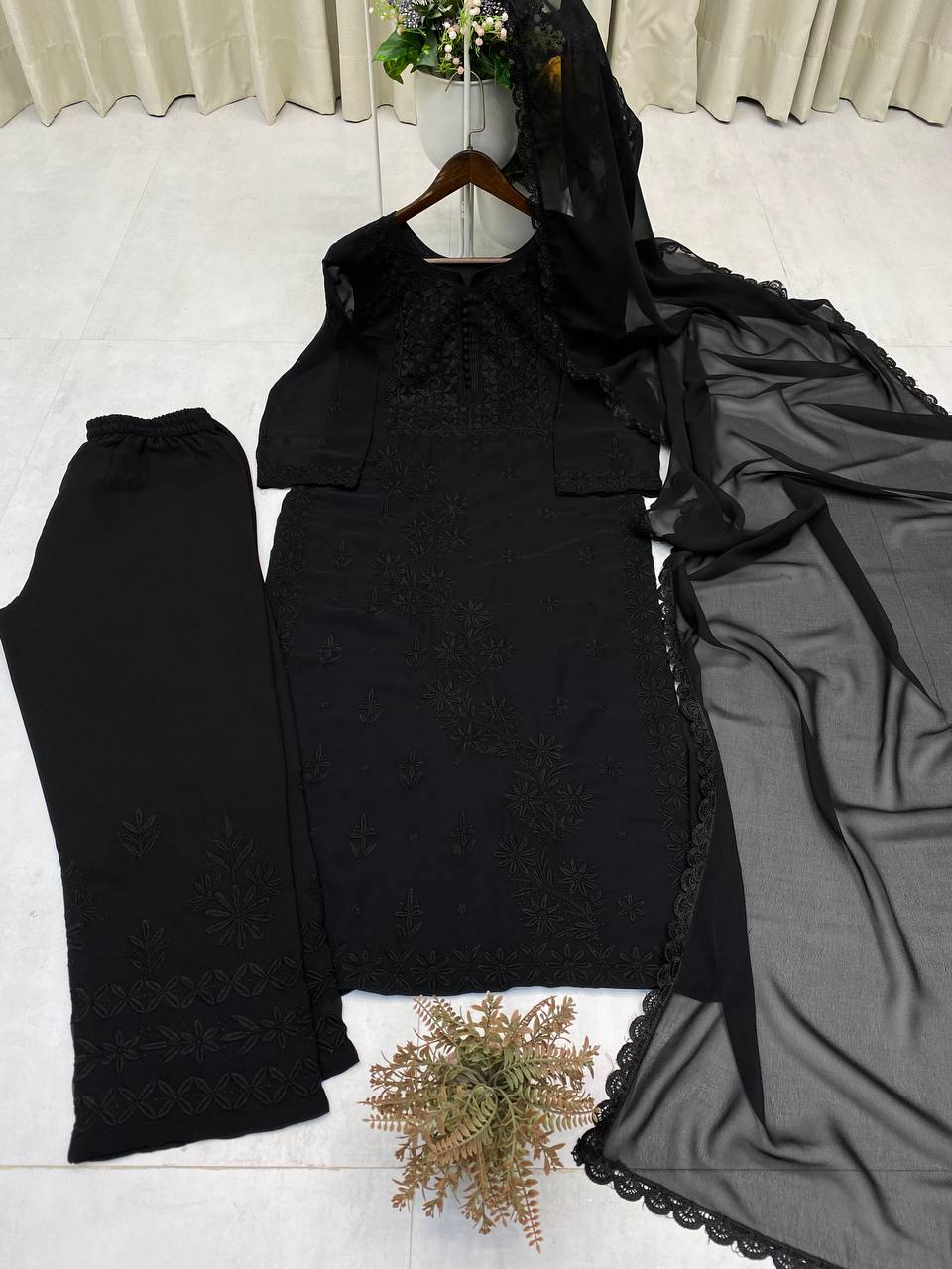 Exclusive Georgette Embroidered Suit Set with GPO Lace Dupatta