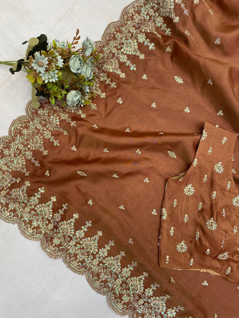 Designer Bridesmaid Saree in Cosmos Fabric with Heavy Sequence Embroidery & Cut Work | Ready-to-Wear Blouse